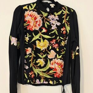 Anthropologie Black Blouse with Colorful Floral Embroidery